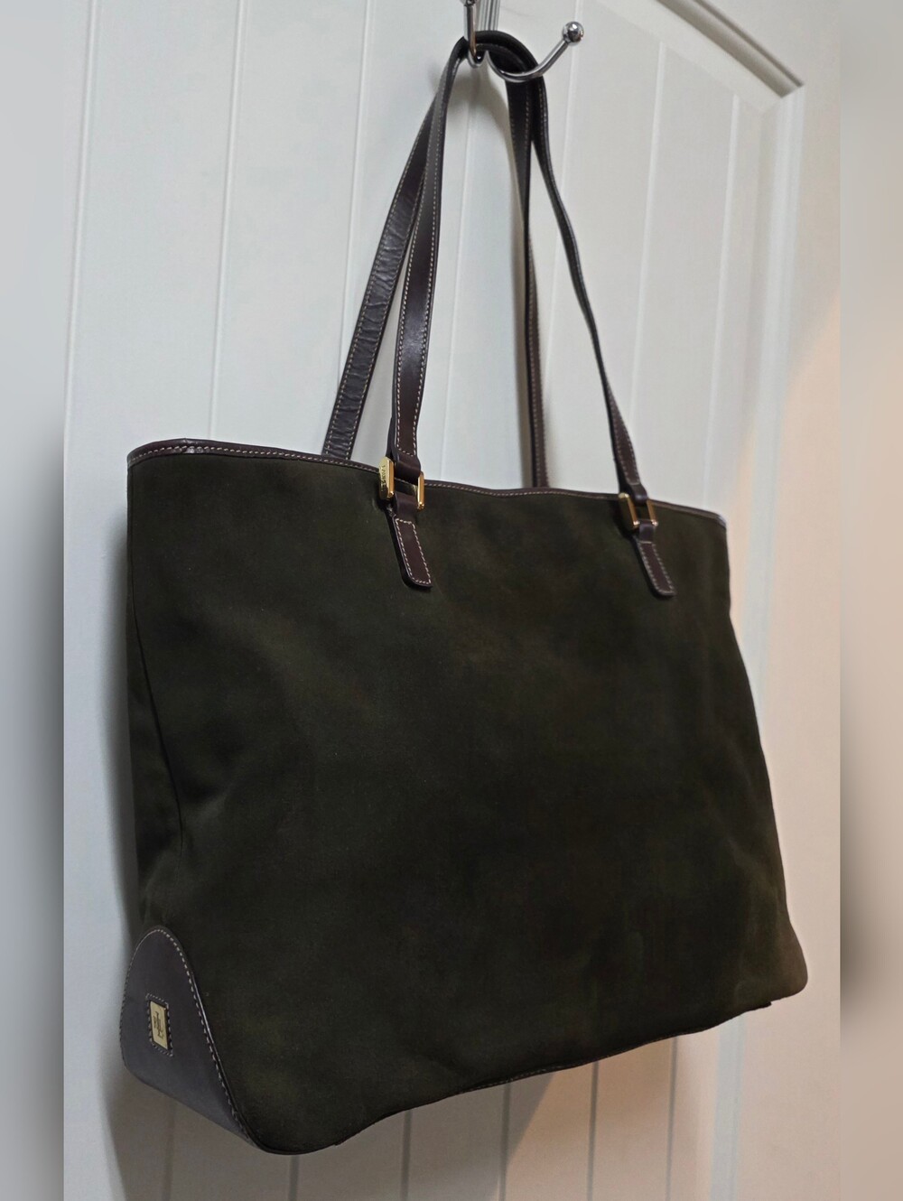 Lauren Ralph Lauren Olive Green Suede Tote with Brown Leather Straps